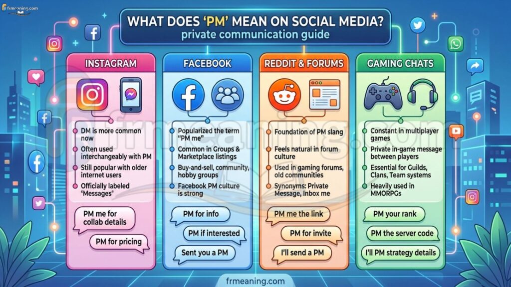 PM Meaning on Social Media Platforms
Different platforms use the term a little differently. The overall idea stays the same, though: private communication.
PM Meaning on Instagram
On Instagram, people technically use DM more often now. DM stands for Direct Message.
Still, many users — especially older internet users — say PM instead.
Examples:
“PM me for collab details.”
“PM for pricing.”
“Check your PM.”
Even though Instagram officially labels the feature as “Messages,” internet slang blends together over time.
So yes, PM and Instagram DM often mean the same thing.
PM Meaning on Facebook
Facebook helped popularize the term years ago.
Back in the early social media era, “PM me” became extremely common in Facebook groups and marketplace listings.
You’ll still see:
“PM for info”
“PM if interested”
“Sent you a PM”
Especially in:
Buy-and-sell groups
Community pages
Hobby groups
Local business pages
Facebook PM culture is still alive, even if younger users lean toward “DM.”
PM Meaning on Reddit and Forums
Forums practically built the foundation for PM slang.
Reddit, gaming forums, and old-school internet communities often use:
PM
Private message
Inbox me
Reddit users might say:
“PM me the link.”
“PM for invite.”
“I’ll send a PM.”
In forum culture, PM feels more natural than DM because forums existed before modern social apps exploded.
PM Meaning in Gaming Chats
Gamers use PM constantly.
In multiplayer games, PM usually refers to a private in-game message between players.
Examples:
“PM me your rank.”
“Can you PM the server code?”
“I’ll PM strategy details.”
Games with guilds, clans, or team systems rely heavily on one-on-one messaging.
MMORPG players especially use the term a lot.